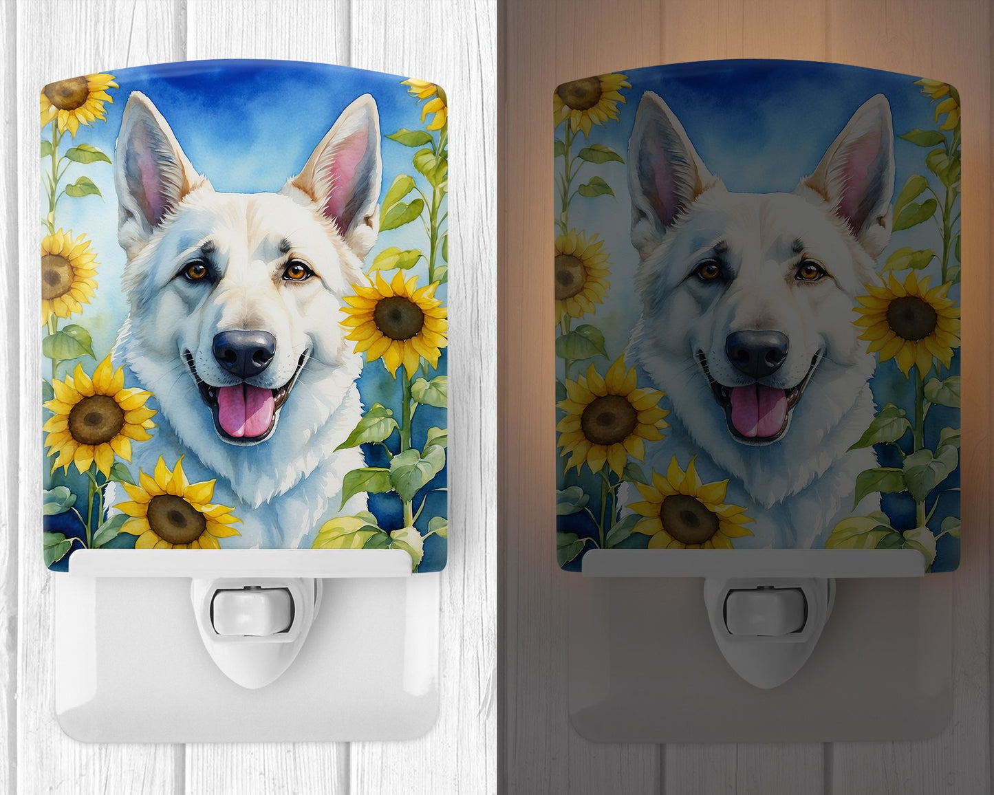 NEW White German Shepherd in Sunflowers Ceramic Night Light Compact, UL-Certified, Ideal for Bedroom, Bathroom, Nursery, Hallway, Kitchen, 6x4x3, Multicolor