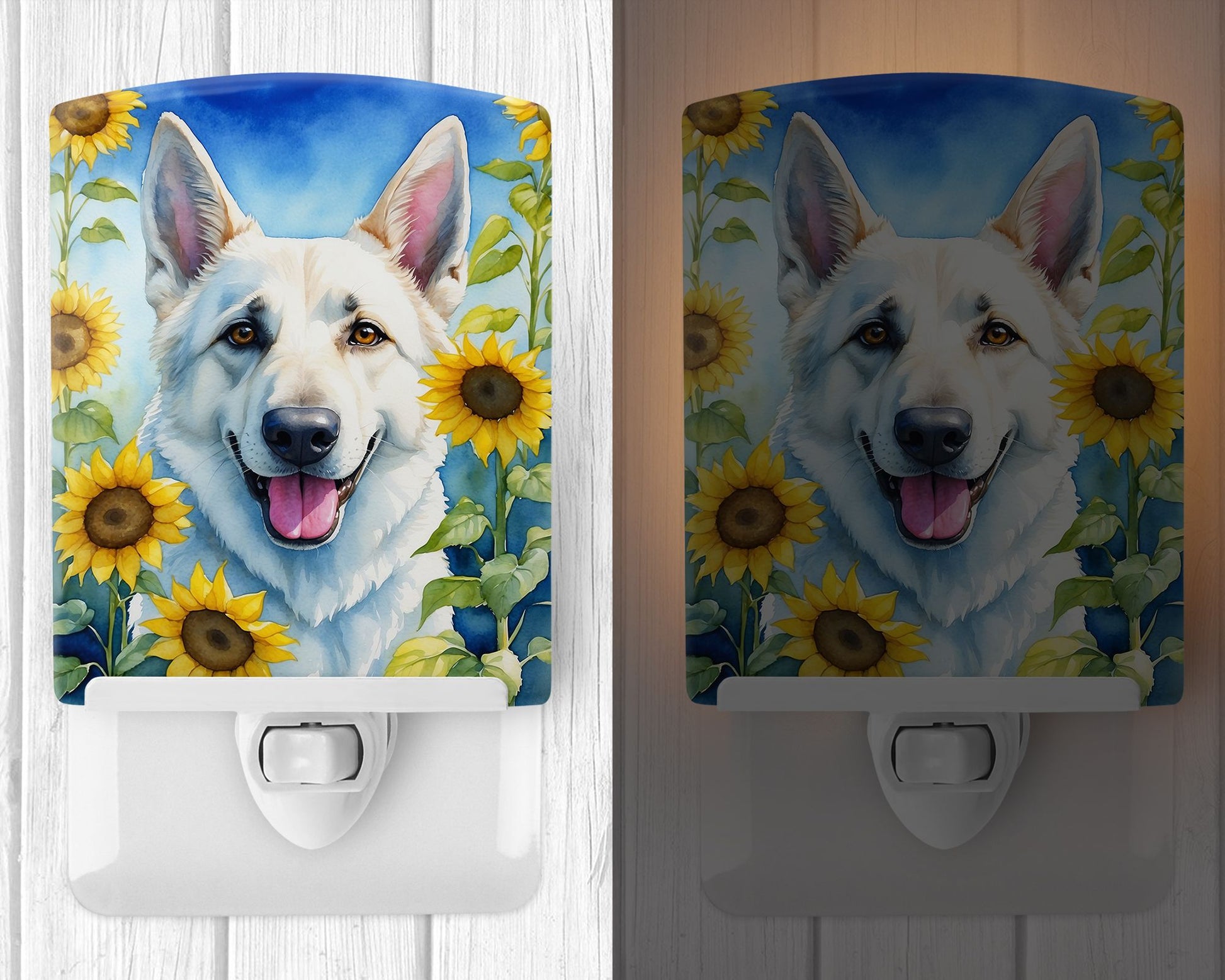 NEW White German Shepherd in Sunflowers Ceramic Night Light Compact, UL-Certified, Ideal for Bedroom, Bathroom, Nursery, Hallway, Kitchen, 6x4x3, Multicolor