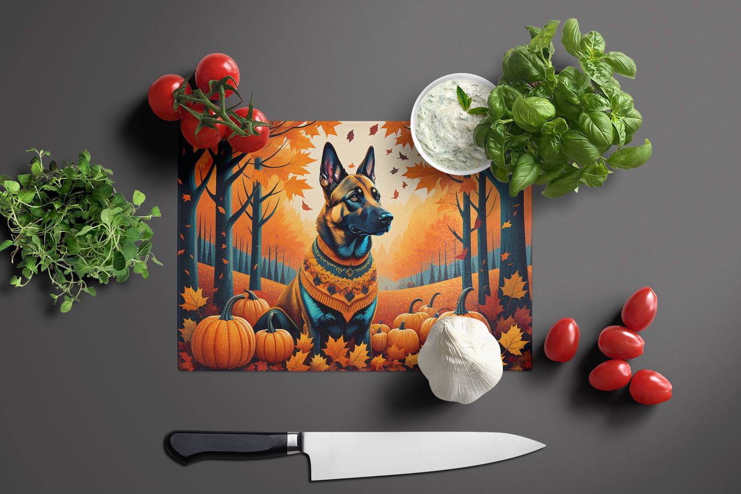 NEW Belgian Malinois Fall Glass Cutting Board Decorative Tempered Glass Kitchen Cutting and Serving Board Large Size Chopping Board