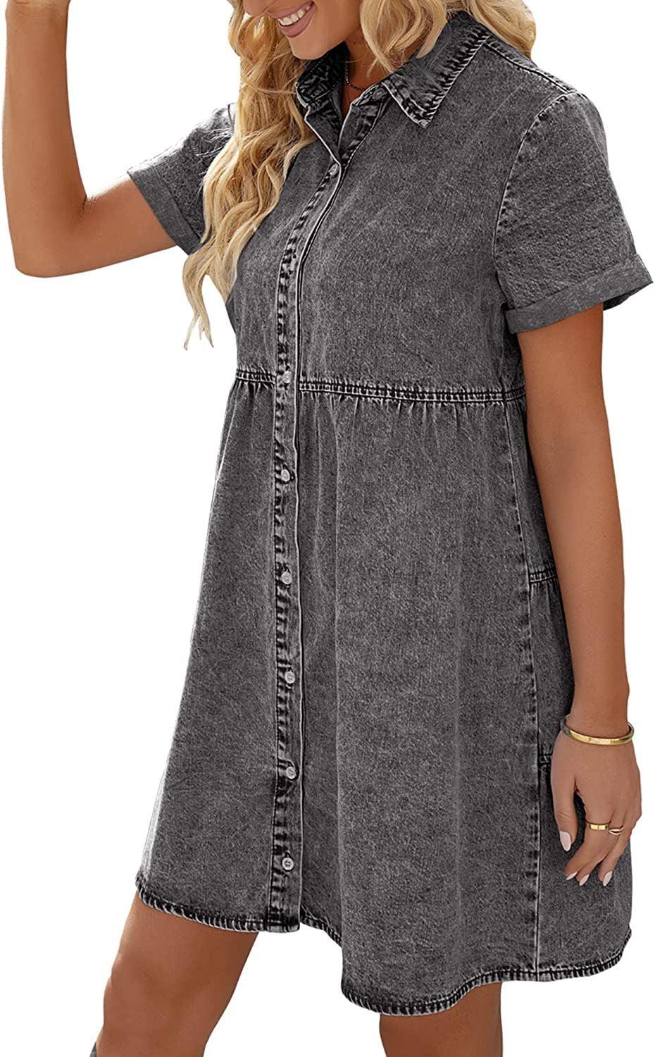 Denim Dress for Women Summer Dress Short Sleeve Button Down Tiered Babydoll Denim Jean Dress