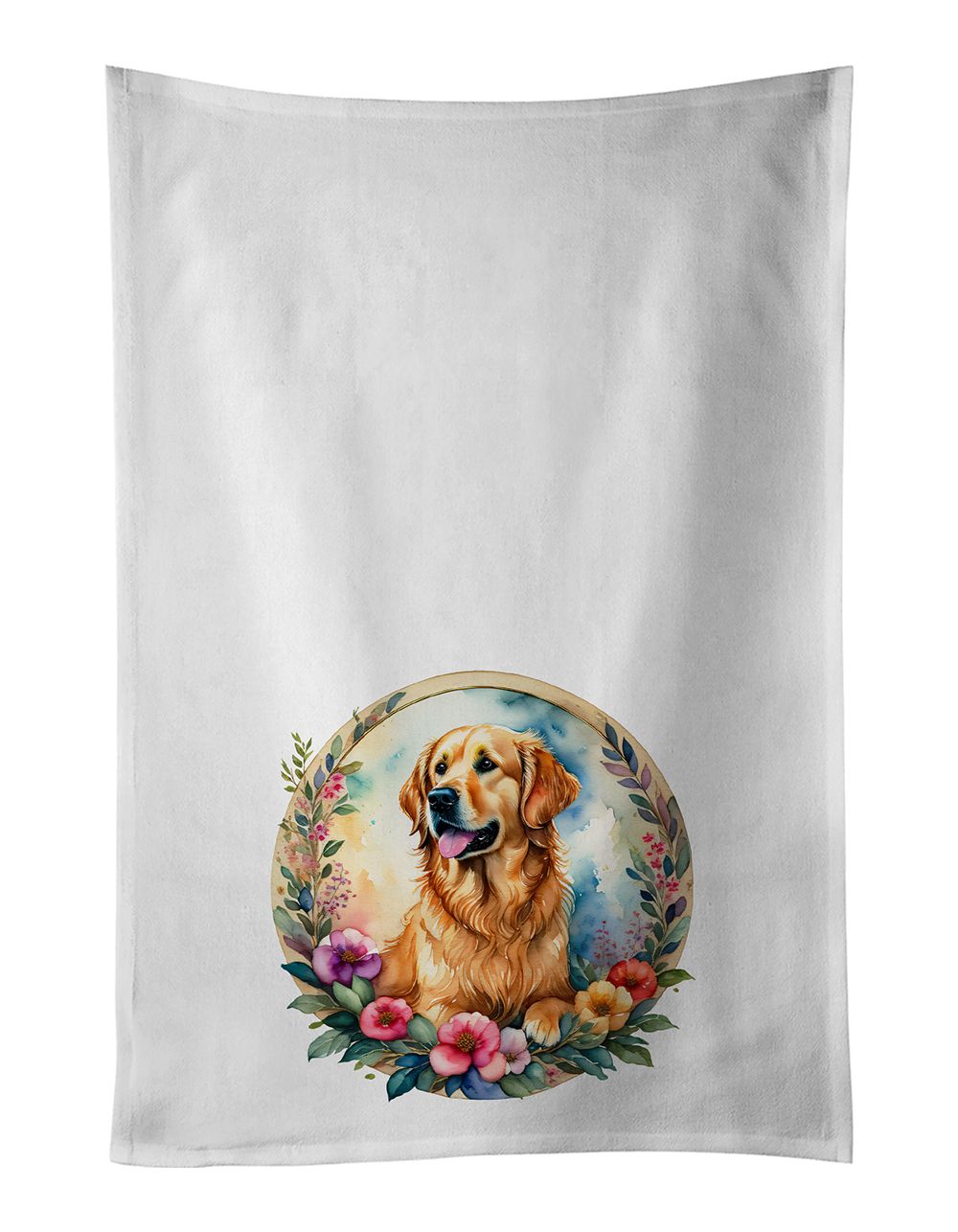 Golden Retriever and Flowers Kitchen Towel Set of 2 White Dish Towels Decorative Bathroom Hand towel for Hand, Face, Hair, Yoga, Tea, Dishcloth, 19 X 28", White