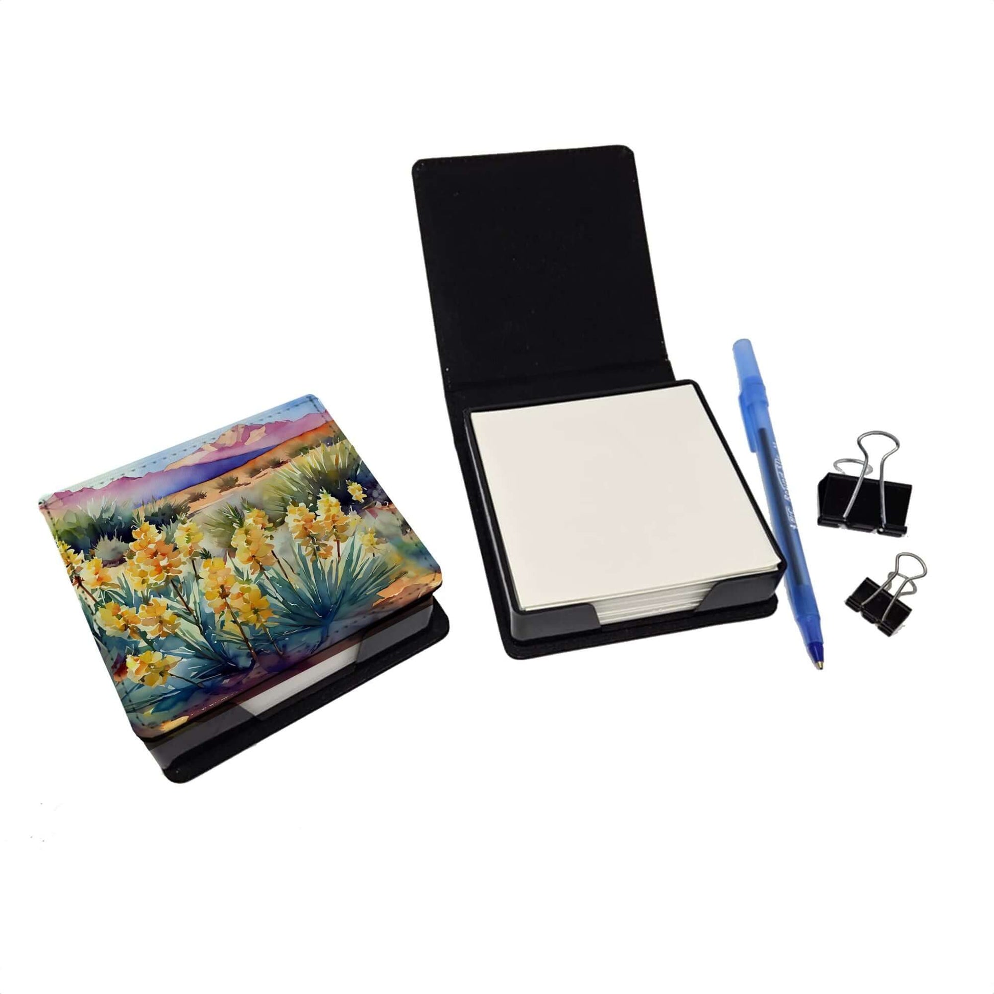New Mexico Yucca Flower in Watercolor PU Leather Note Paper Holder with Artist-Designed Cover, Desk Accessory, Office Gift