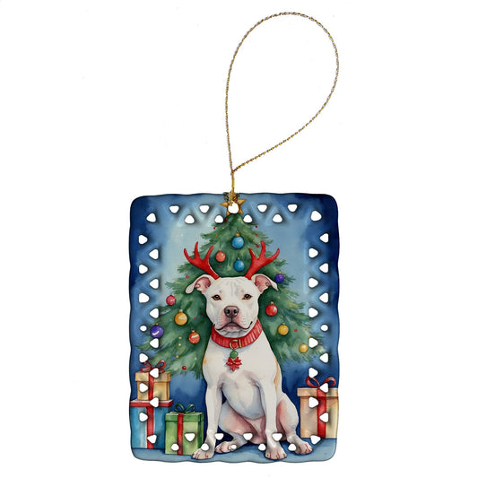 Pit Bull Terrier Christmas Reindeer Porcelain Ornament Christmas Tree Hanging Decorations for Home Christmas Holiday, Rectangle, Gift, Multicolor