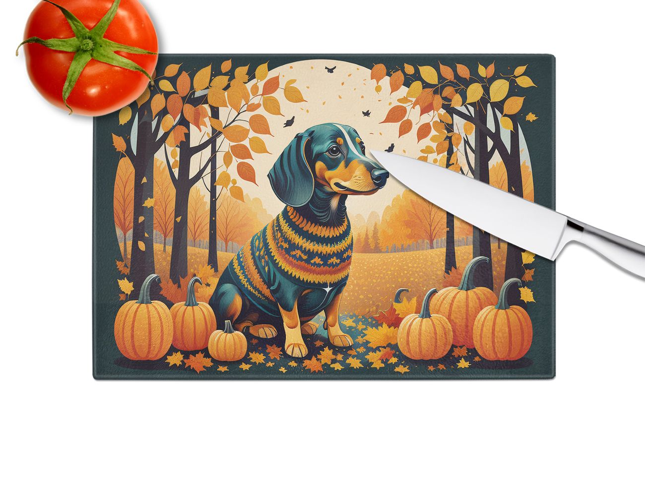 NEW Dachshund Fall Glass Cutting Board Decorative Tempered Glass Kitchen Cutting and Serving Board Large Size Chopping Board