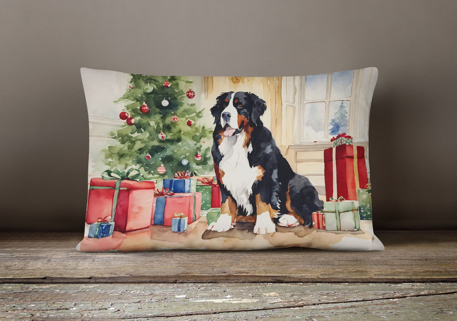 Waiting on Christmas Throw Pillow Throw Pillow for Indoor Couch Bed Outdoor Patio Washable, Bernese Mountain Dog 1262,12Hx16W