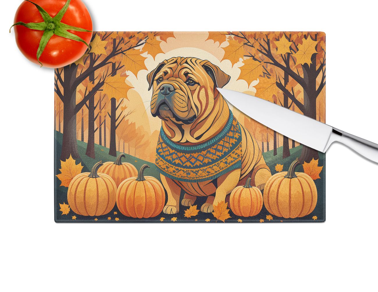 NEW Shar Pei Fall Glass Cutting Board Decorative Tempered Glass Kitchen Cutting and Serving Board Large Size Chopping Board