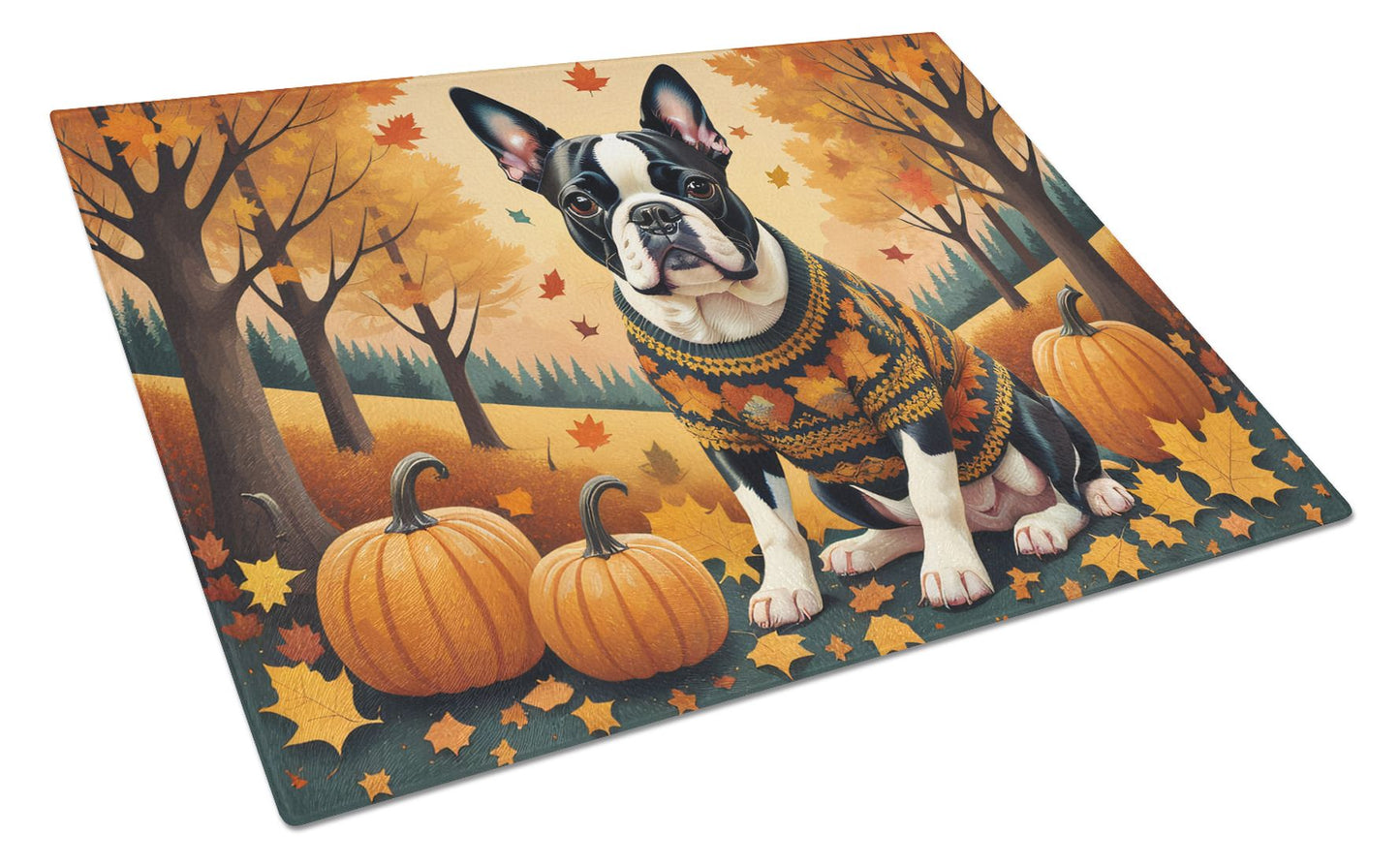 NEW Boston Terrier Fall Glass Cutting Board Decorative Tempered Glass Kitchen Cutting and Serving Board Large Size Chopping Board