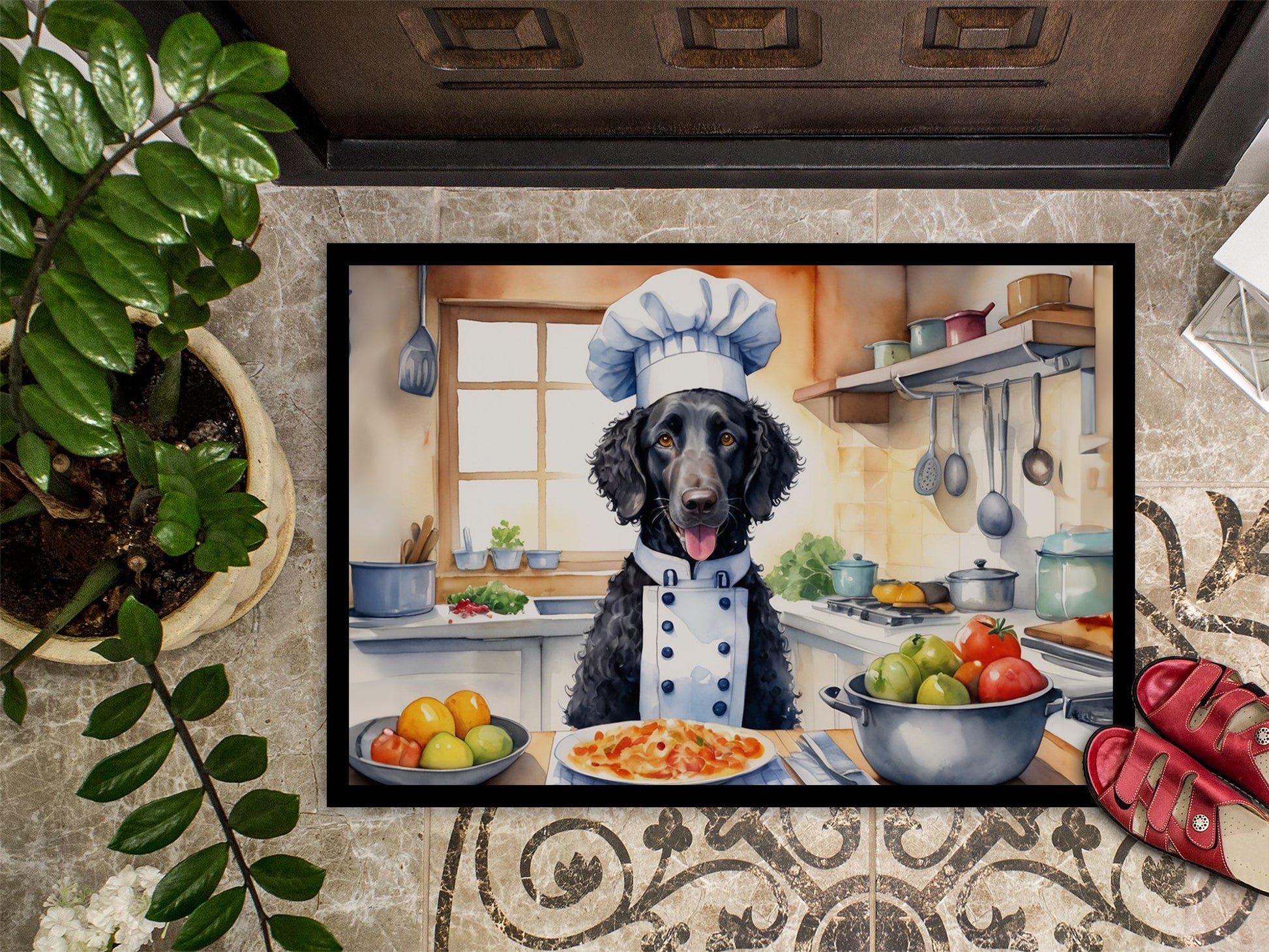 Curly-Coated Retriever The Chef Doormat Front Door Mat Indoor Outdoor Rugs for Entryway, Non Slip Washable Low Pile, 24H X 36W