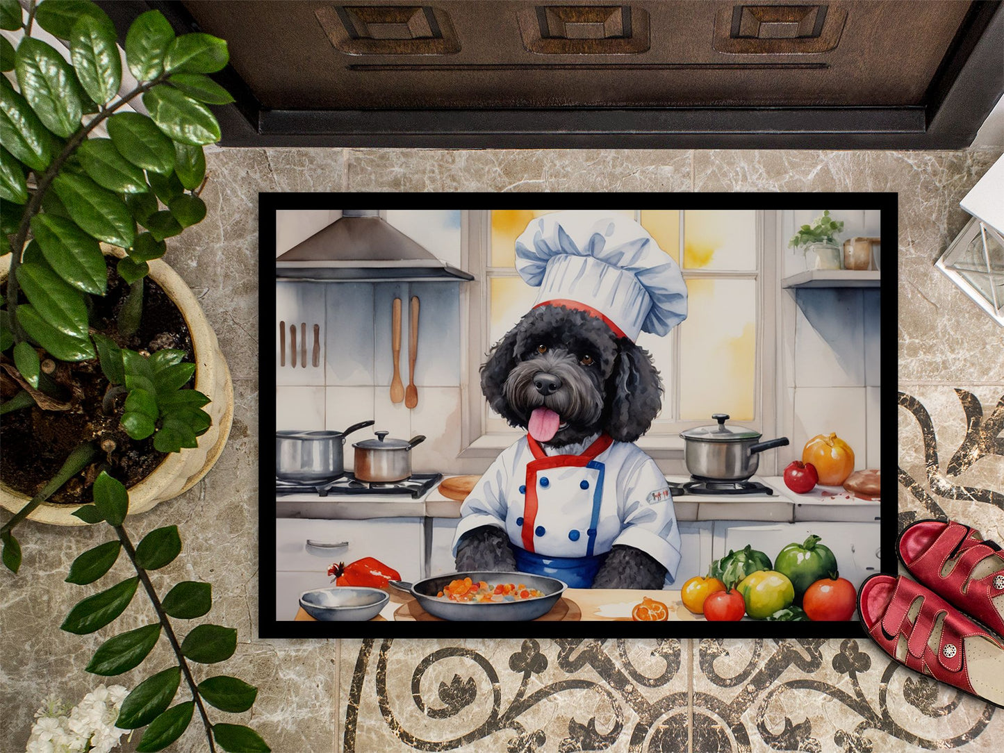 NEW Portuguese Water Dog The Chef Doormat Front Door Mat Indoor Outdoor Rugs for Entryway, Non Slip Washable Low Pile, 18H X 27W