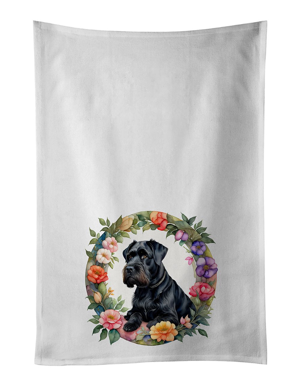 Giant Schnauzer and Flowers Kitchen Towel Set of 2 White Dish Towels Decorative Bathroom Hand towel for Hand, Face, Hair, Yoga, Tea, Dishcloth, 19 X 28", White