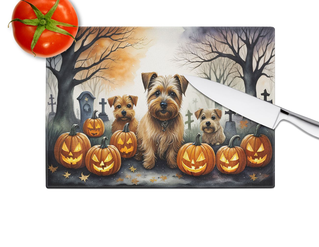 NEW Norfolk Terrier Spooky Halloween Glass Cutting Board Decorative Tempered Glass Kitchen Cutting and Serving Board Large Size Chopping Board
