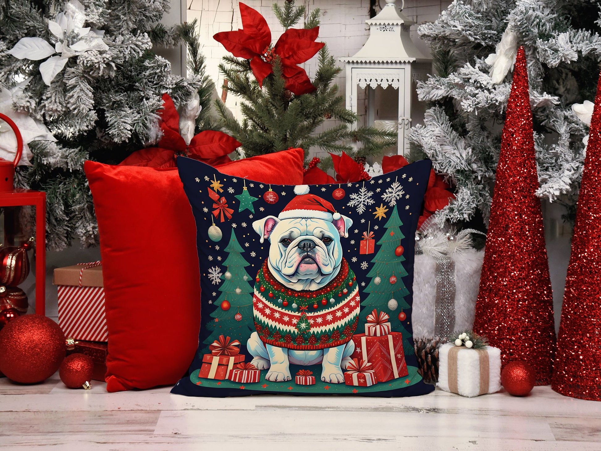 White English Bulldog Christmas Throw Pillow Machine Washable, Indoor Outdoor Decorative Pillow for Couch, Bed or Patio, 14Hx14W