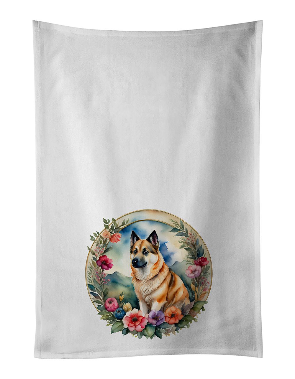 Norwegian Buhund and Flowers Kitchen Towel Set of 2 White Dish Towels Decorative Bathroom Hand towel for Hand, Face, Hair, Yoga, Tea, Dishcloth, 19 X 28", White