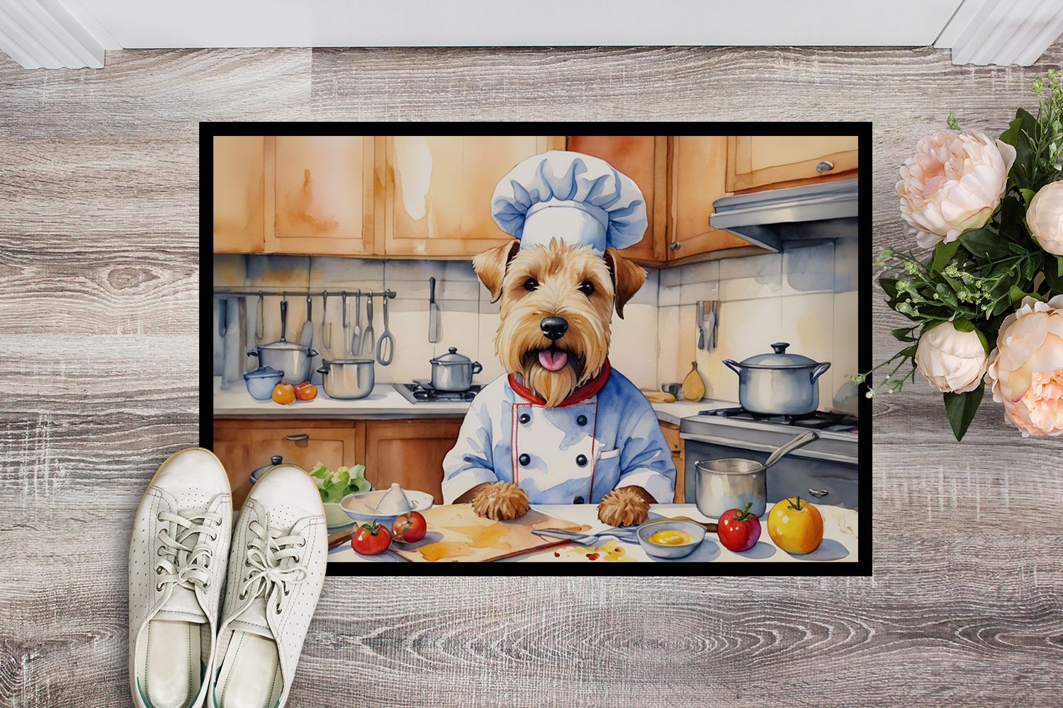 NEW Wheaten Terrier The Chef Doormat Front Door Mat Indoor Outdoor Rugs for Entryway, Non Slip Washable Low Pile, 18H X 27W