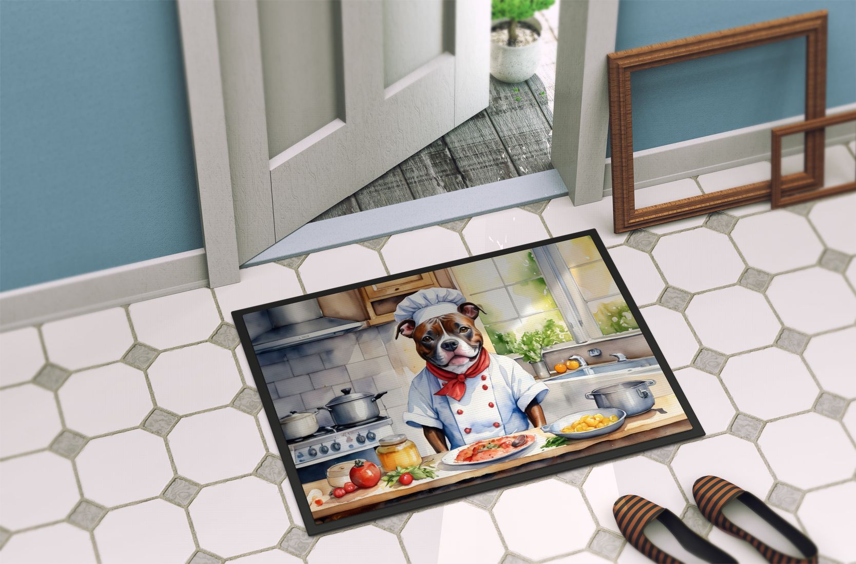 NEW Staffordshire Bull Terrier The Chef Doormat Front Door Mat Indoor Outdoor Rugs for Entryway, Non Slip Washable Low Pile, 18H X 27W