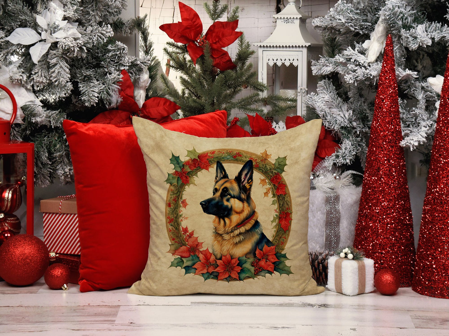 German Shepherd Christmas Flowers Throw Pillow Machine Washable, Indoor Outdoor Decorative Pillow for Couch, Bed or Patio, 14Hx14W
