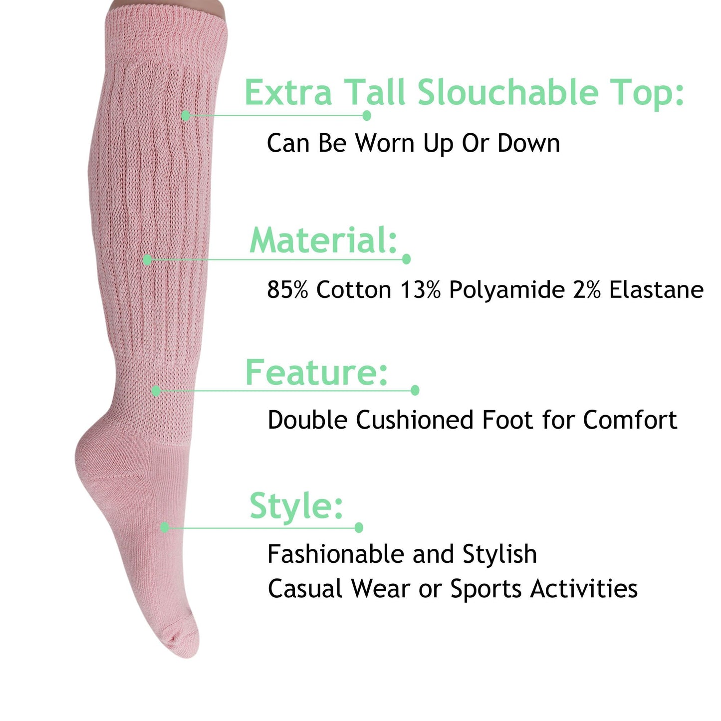 Women's Extra Long Slouch Scrunch Socks Knee High, Cotton Blend, Pack of 2, Fits Shoe Sizes 5-10, 80s Style, 28 Colors