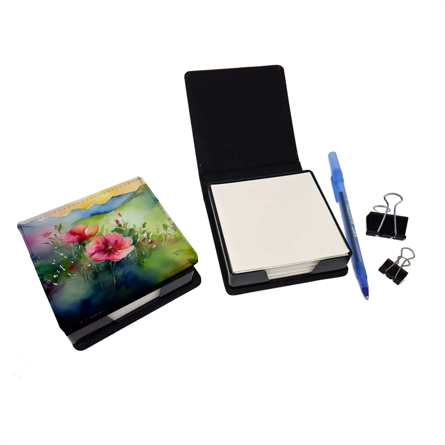 North Dakota Wild Prairie Roses in Watercolor PU Leather Note Paper Holder with Artist-Designed Cover, Desk Accessory, Office Gift