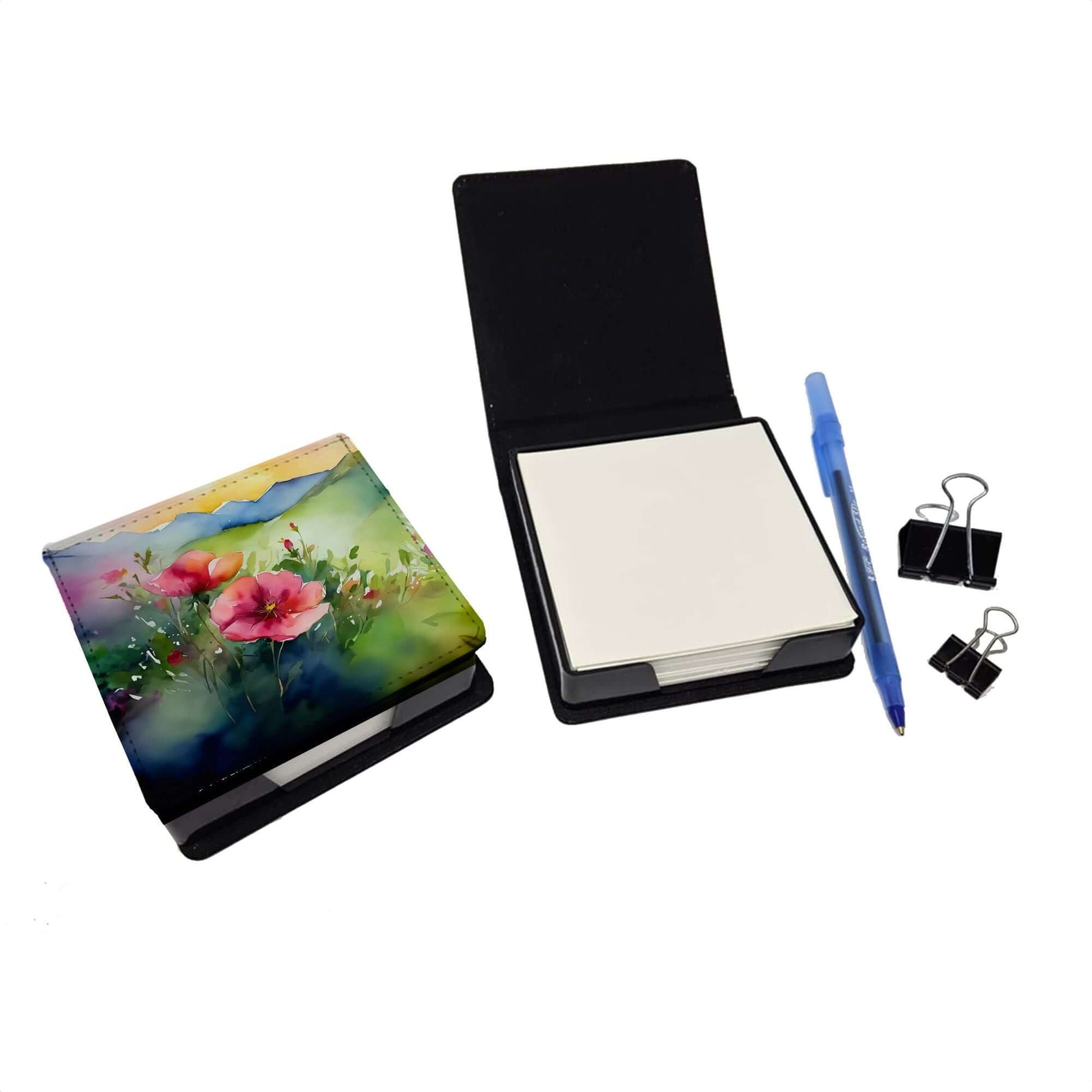 North Dakota Wild Prairie Roses in Watercolor PU Leather Note Paper Holder with Artist-Designed Cover, Desk Accessory, Office Gift
