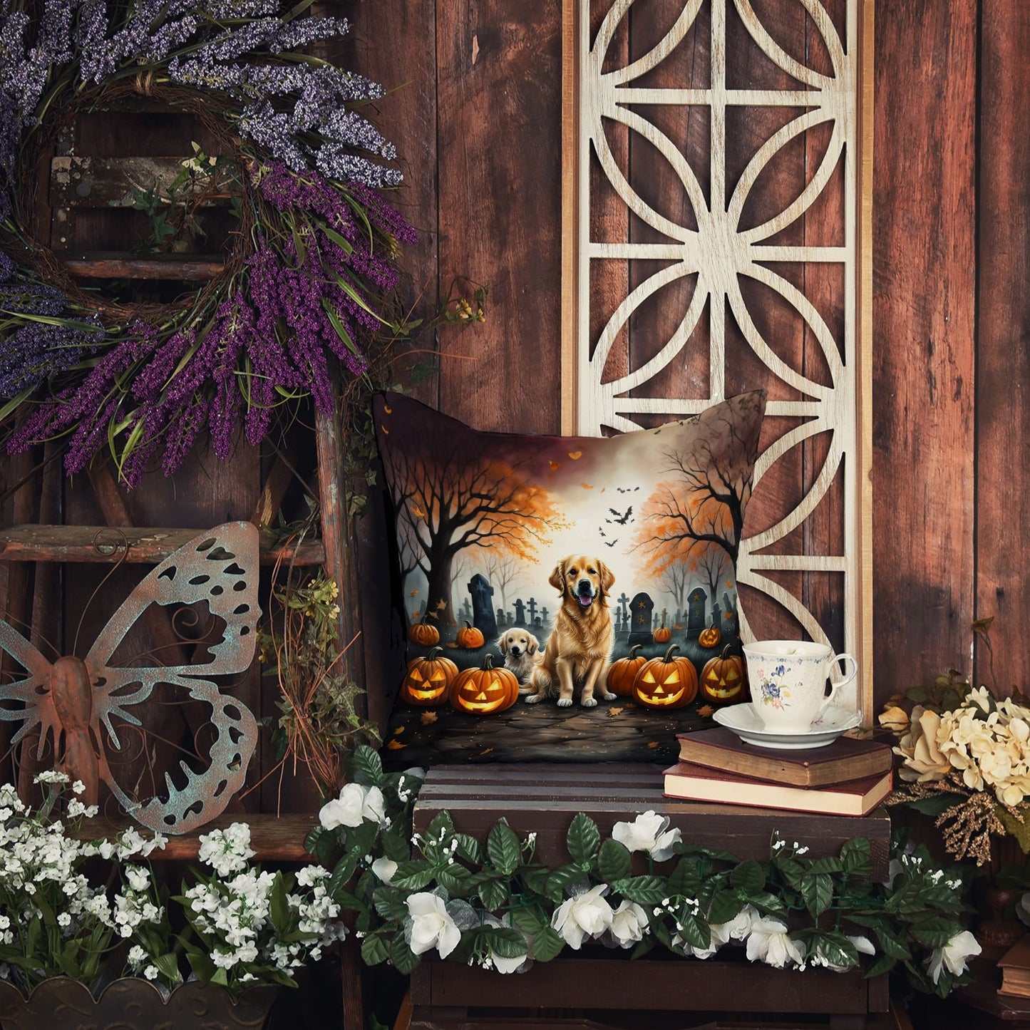 Golden Retriever Spooky Halloween Throw Pillow Machine Washable, Indoor Outdoor Decorative Pillow for Couch, Bed or Patio, 18Hx18W