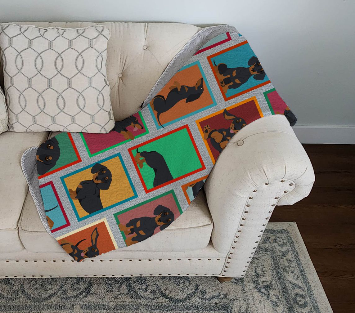 Lots of Black and Tan Dachshund Quilted Blanket 50x60 Artwork Pattern Quilted Throw Blanket for Bed, Couch, Sofa, Soft and Lightweight