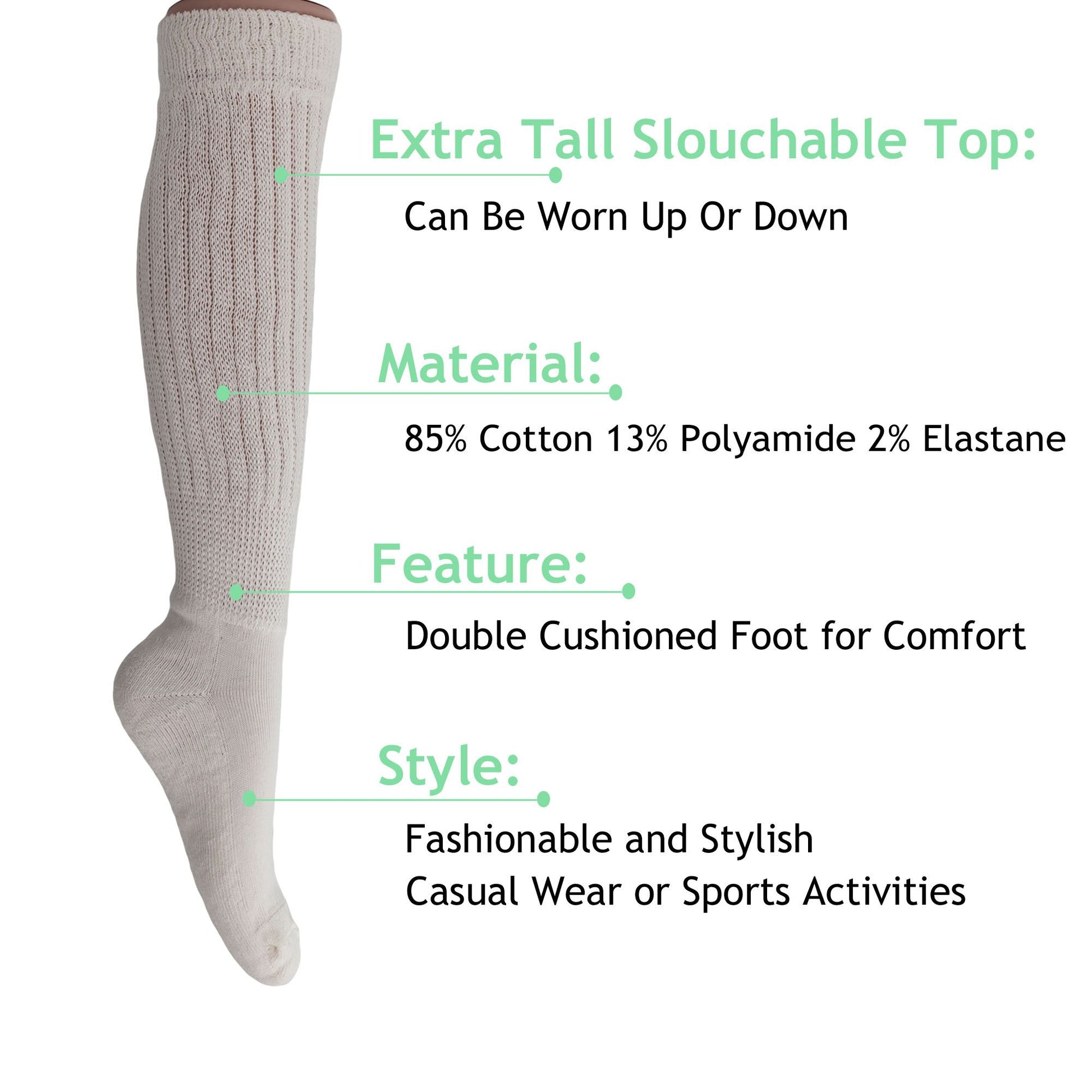 Women's Extra Long Slouch Scrunch Socks Knee High, Cotton Blend, Pack of 2, Fits Shoe Sizes 5-10, 80s Style, 28 Colors