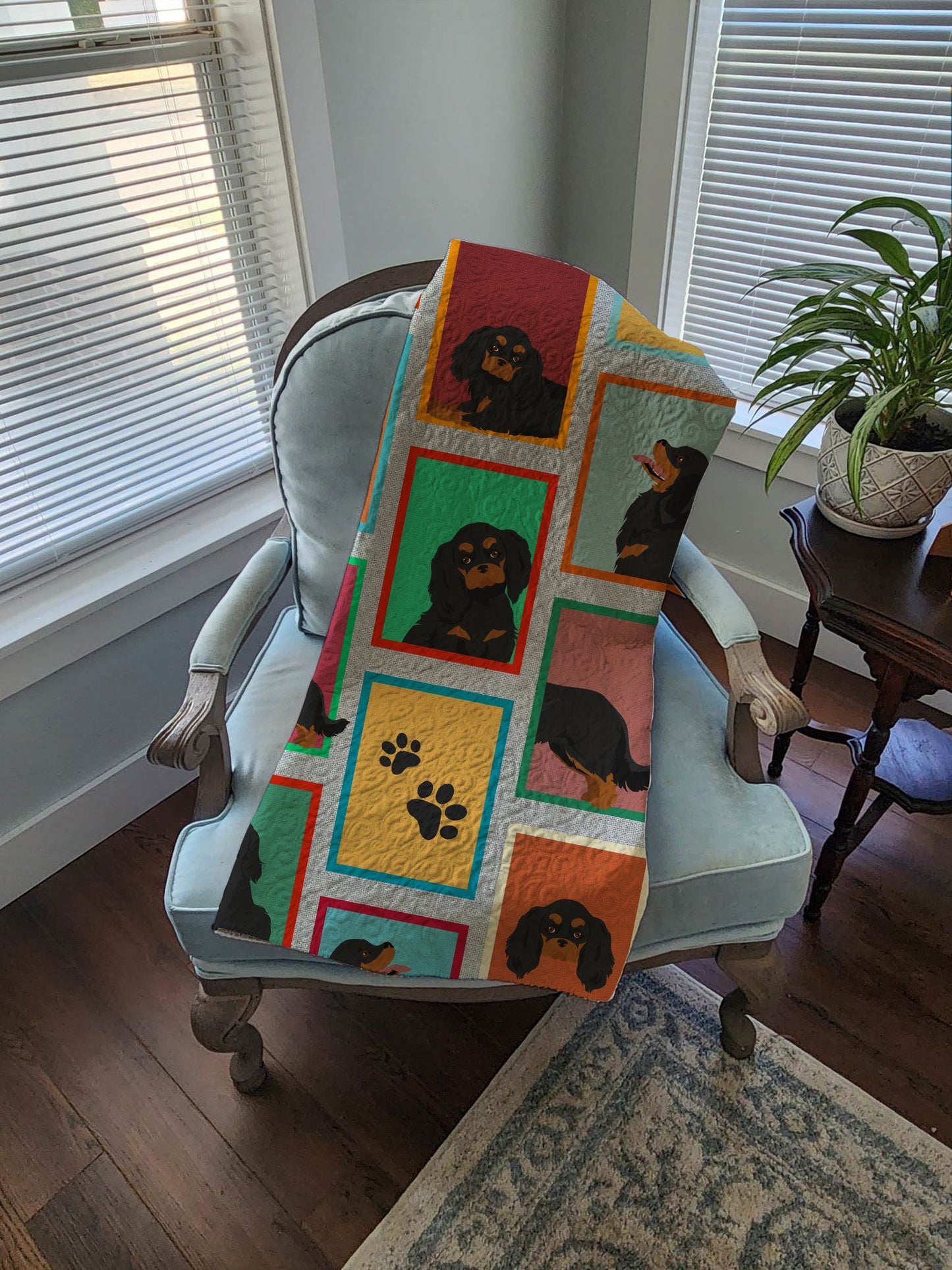 Lots of Black and Tan Cavalier King Charles Spaniel Quilted Blanket 50x60 Artwork Pattern Quilted Throw Blanket for Bed, Couch, Sofa, Soft and Lightweight