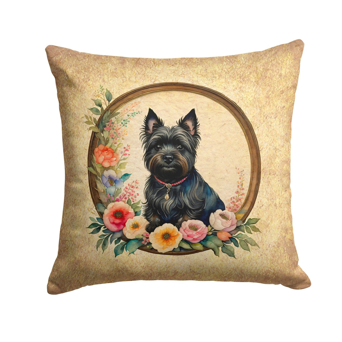 Cairn Terrier and Flowers Throw Pillow Machine Washable, Indoor Outdoor Decorative Pillow for Couch, Bed or Patio, 14Hx14W