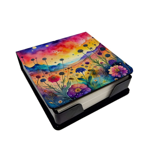 Colorful Scabiosa PU Leather Note Paper Holder with Artist-Designed Cover, Desk Accessory, Office Gift