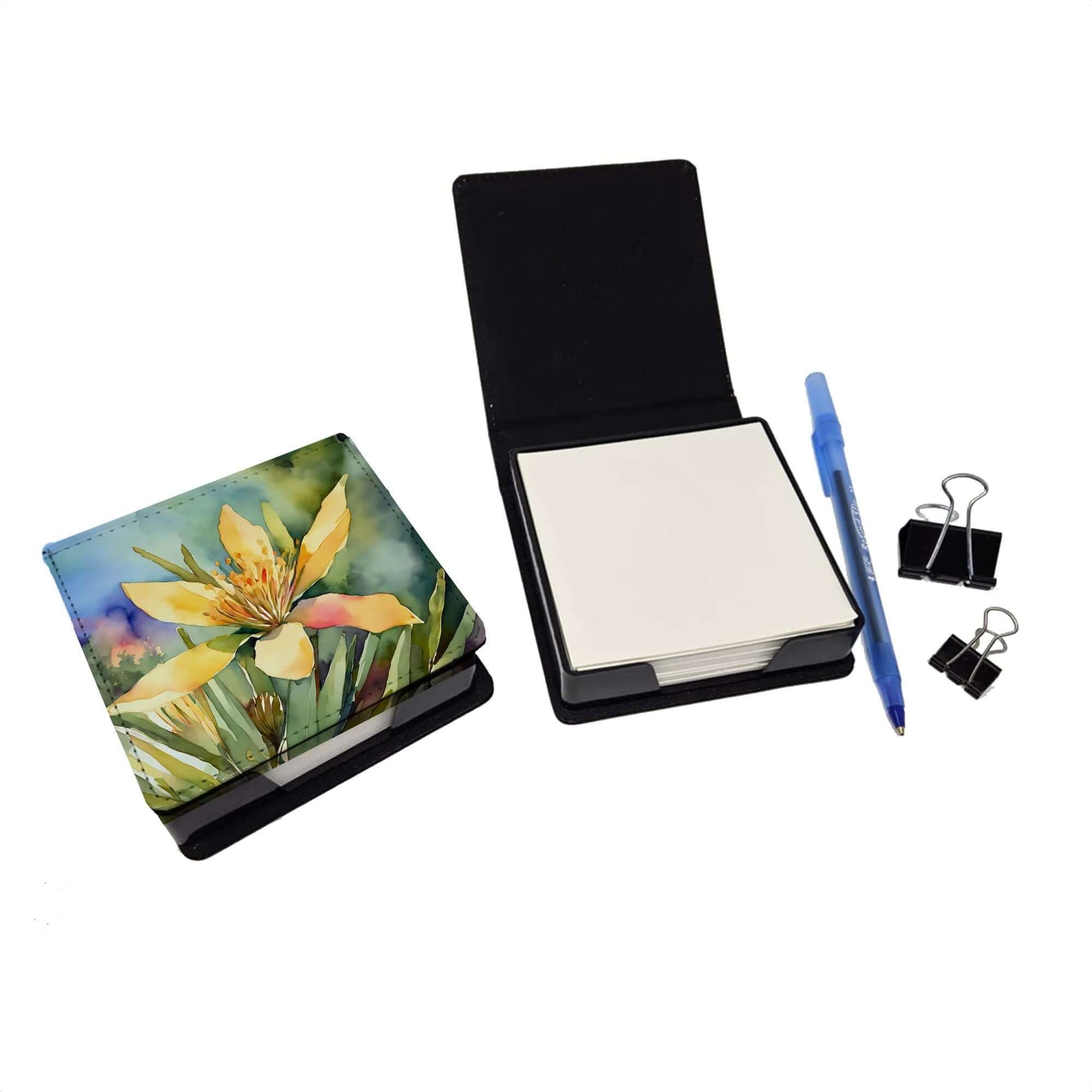 New Mexico Yucca Flower in Watercolor PU Leather Note Paper Holder with Artist-Designed Cover, Desk Accessory, Office Gift