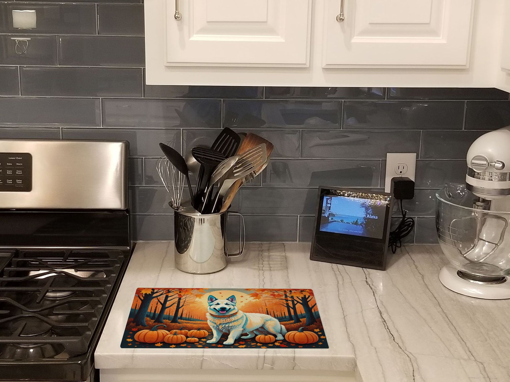 NEW White German Shepherd Fall Glass Cutting Board Decorative Tempered Glass Kitchen Cutting and Serving Board Large Size Chopping Board