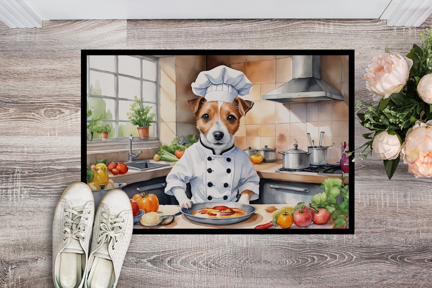 NEW Jack Russell Terrier The Chef Doormat Front Door Mat Indoor Outdoor Rugs for Entryway, Non Slip Washable Low Pile, 18H X 27W
