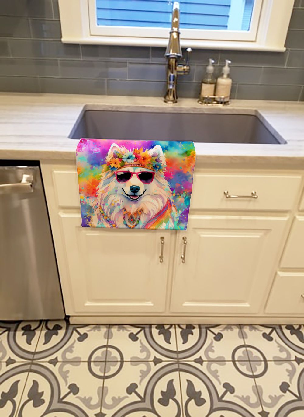 Samoyed Hippie Dawg Kitchen Towel Dish Cloths Guest Hand Towel Decorative Bathroom Towel for Face,Tea, Dishcloth, Kitchen and Bath