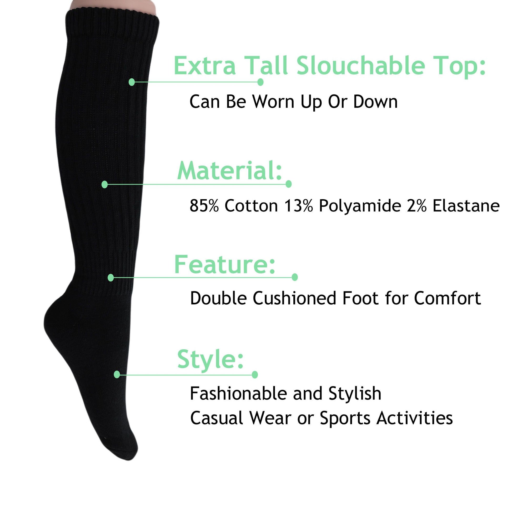 Women's Extra Long Slouch Scrunch Socks Knee High, Cotton Blend, Pack of 2, Fits Shoe Sizes 5-10, 80s Style, 28 Colors