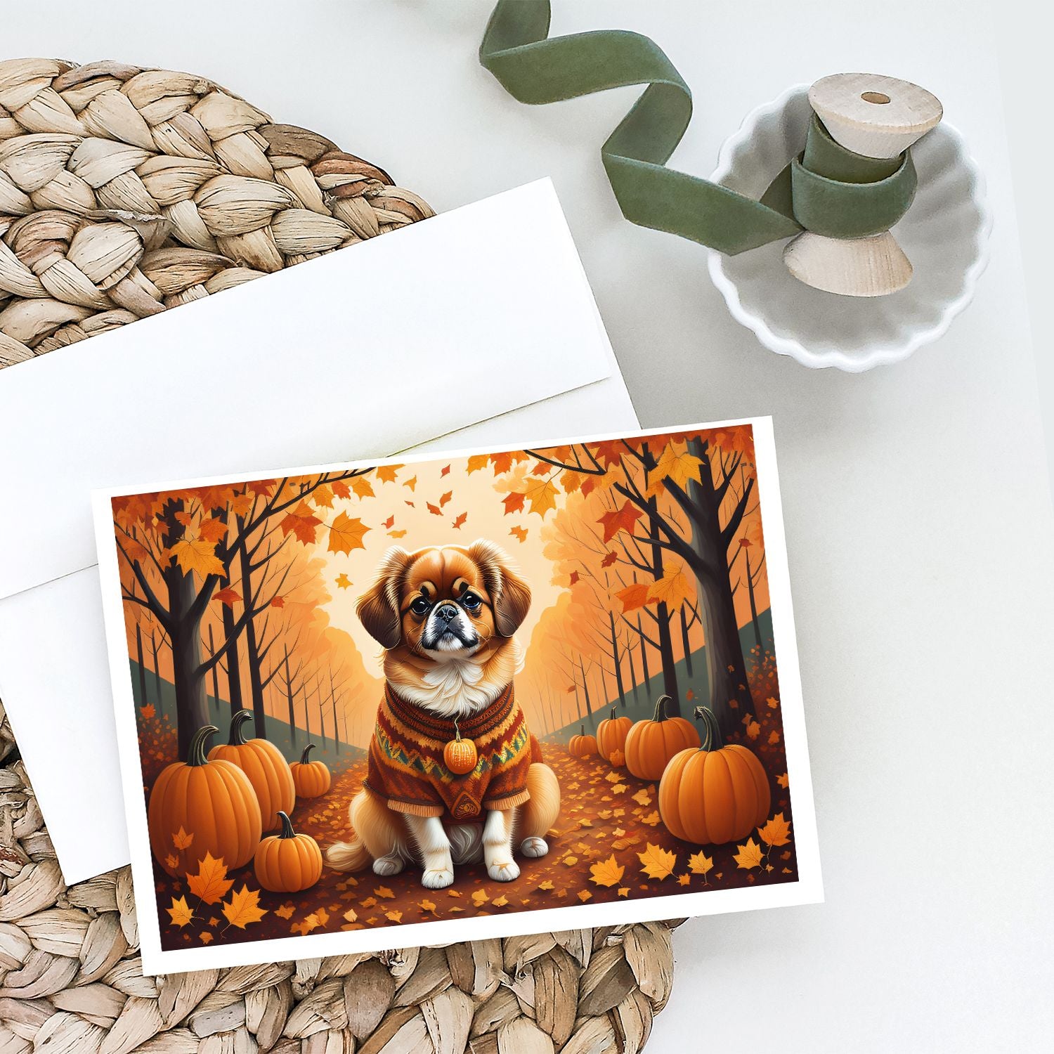 Tibetan Spaniel Fall Greeting Cards Pack of 8 Blank Cards with Envelopes Whimsical A7 Size 5x7 Blank Note Cards