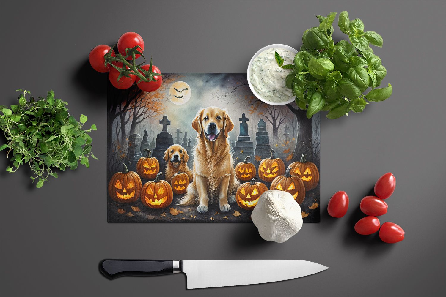 NEW Golden Retriever Spooky Halloween Glass Cutting Board Decorative Tempered Glass Kitchen Cutting and Serving Board Large Size Chopping Board