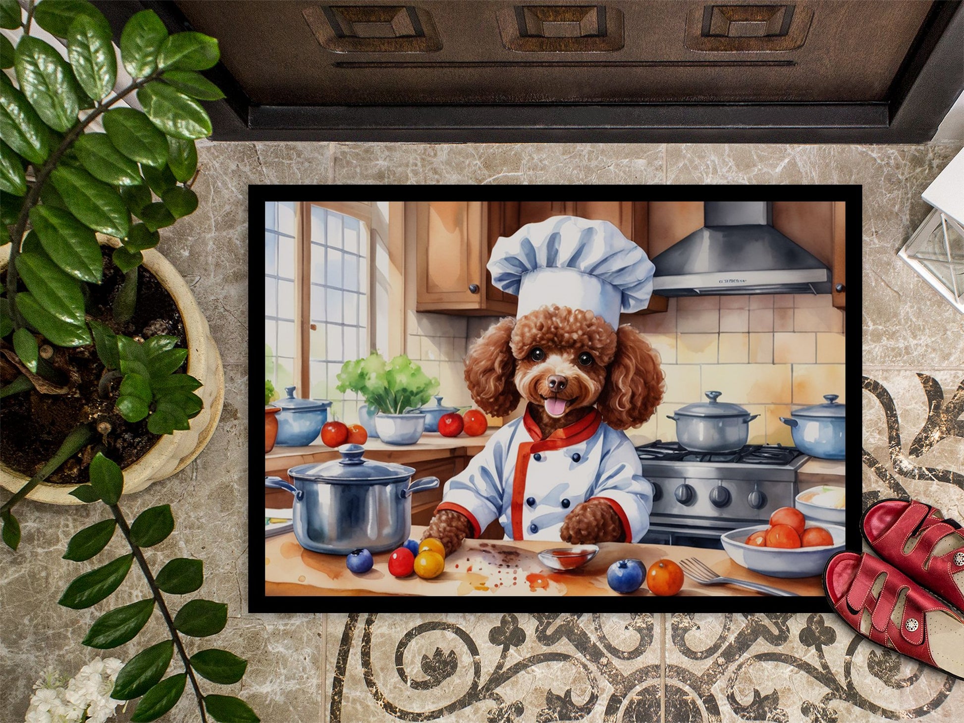 NEW Chocolate Poodle The Chef Doormat Front Door Mat Indoor Outdoor Rugs for Entryway, Non Slip Washable Low Pile, 18H X 27W