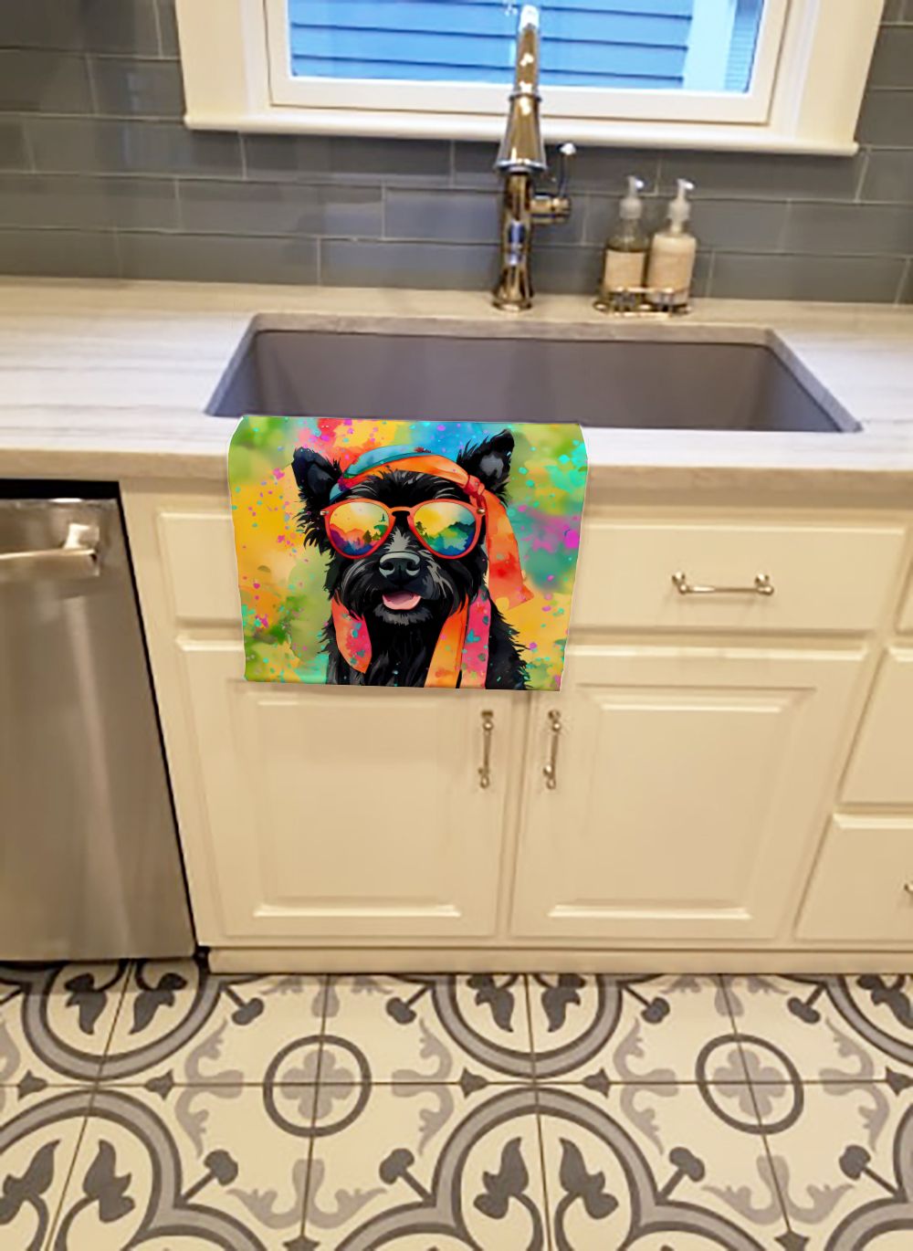 Scottish Terrier Hippie Dawg Kitchen Towel Dish Cloths Guest Hand Towel Decorative Bathroom Towel for Face,Tea, Dishcloth, Kitchen and Bath
