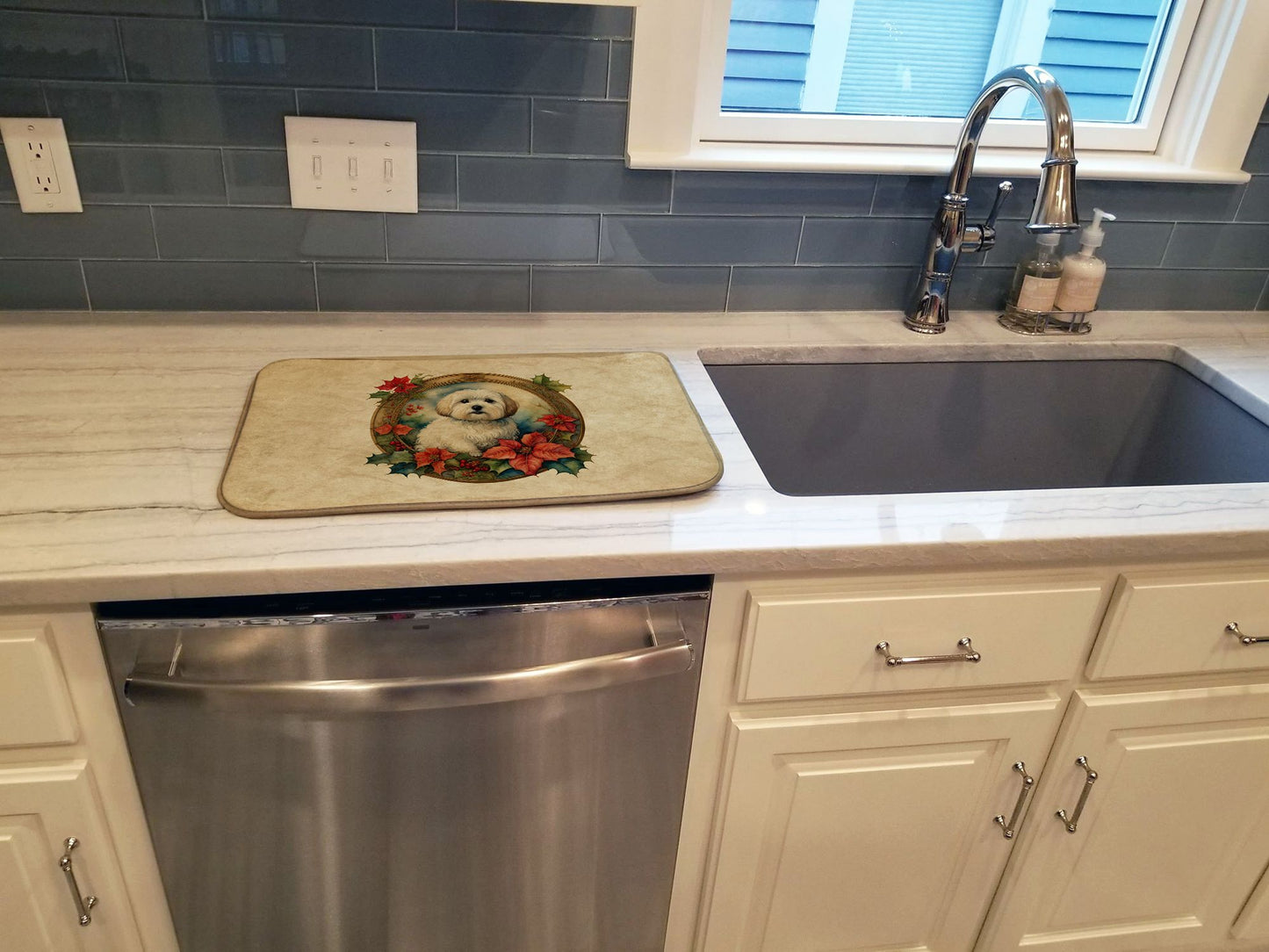 Coton De Tulear Christmas Flowers Dish Drying Mat Absorbent Dish Drying Mat Pad for Kitchen Counter Dish Drainer Mat for Countertop, 14 x 21", Multicolor