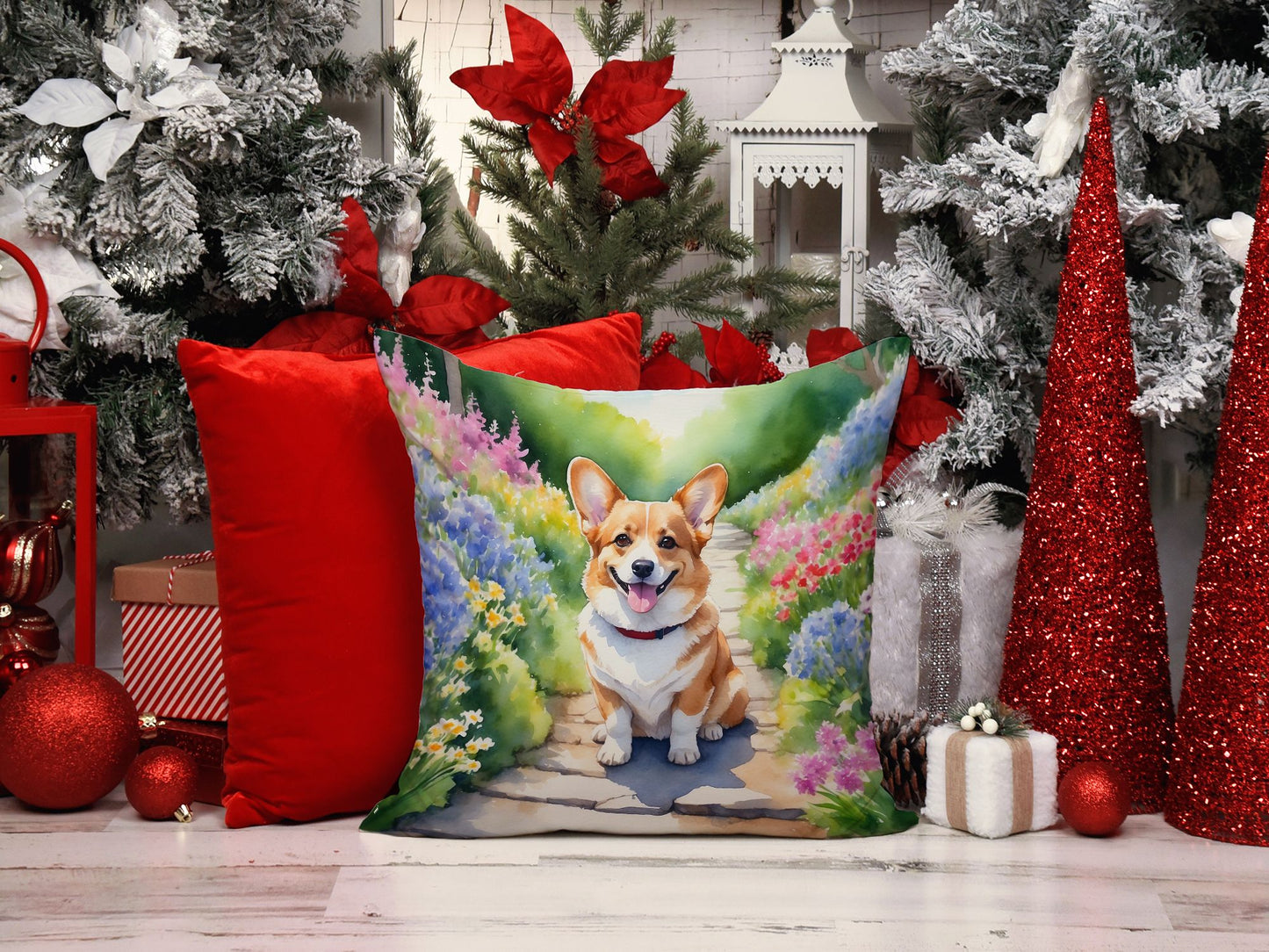 Corgi Spring Path Throw Pillow Machine Washable, Indoor Outdoor Decorative Pillow for Couch, Bed or Patio, 14Hx14W
