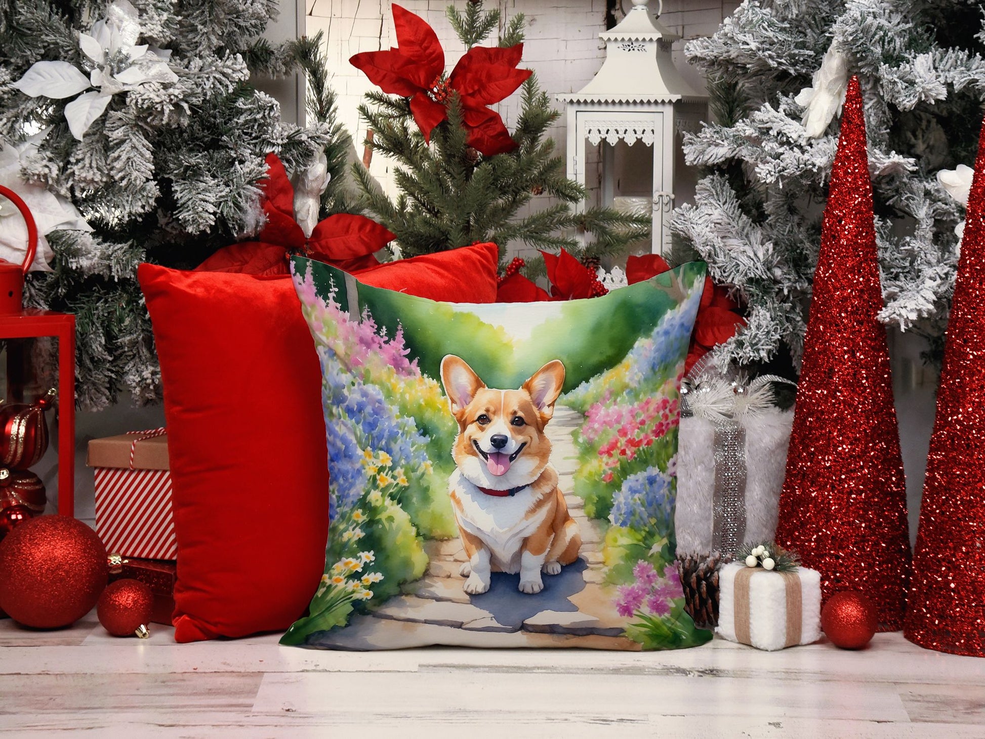 Corgi Spring Path Throw Pillow Machine Washable, Indoor Outdoor Decorative Pillow for Couch, Bed or Patio, 14Hx14W