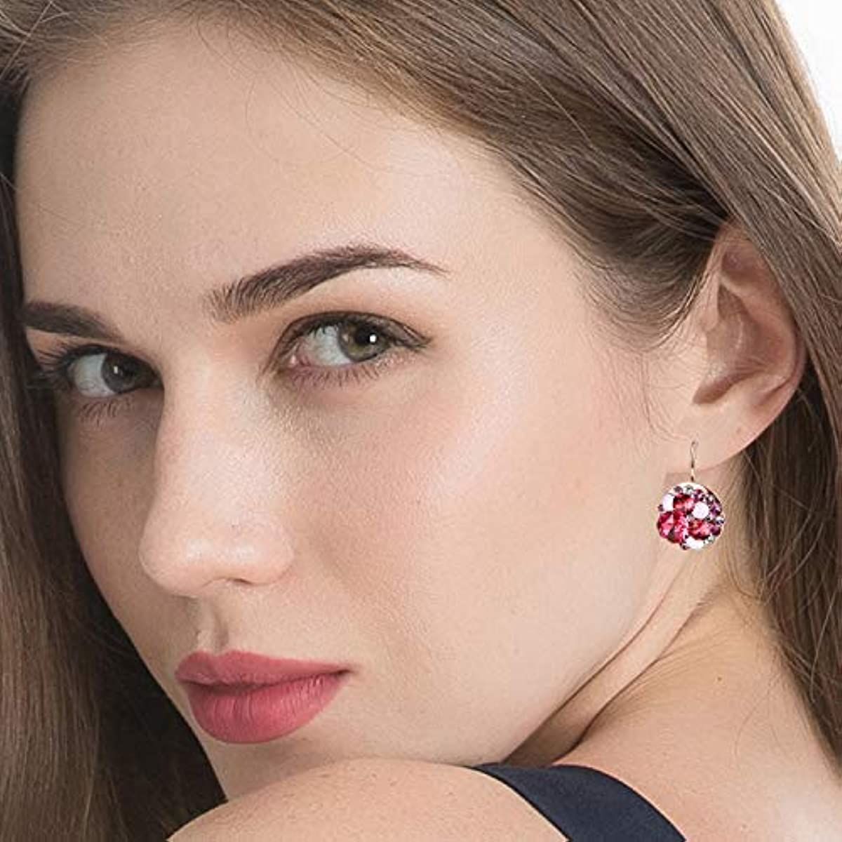 Multicolored Austrian Crystal Leverback Earrings for Women 14K Gold Plated Dangle Hoop Earrings Hypoallergenic Jewelry