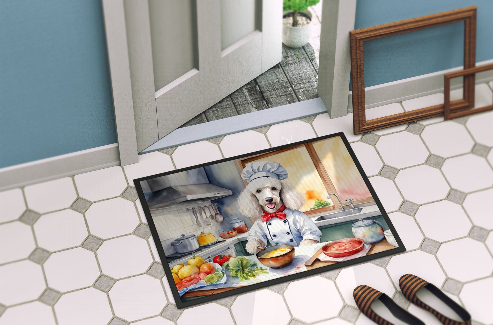 NEW White Poodle The Chef Doormat Front Door Mat Indoor Outdoor Rugs for Entryway, Non Slip Washable Low Pile, 18H X 27W