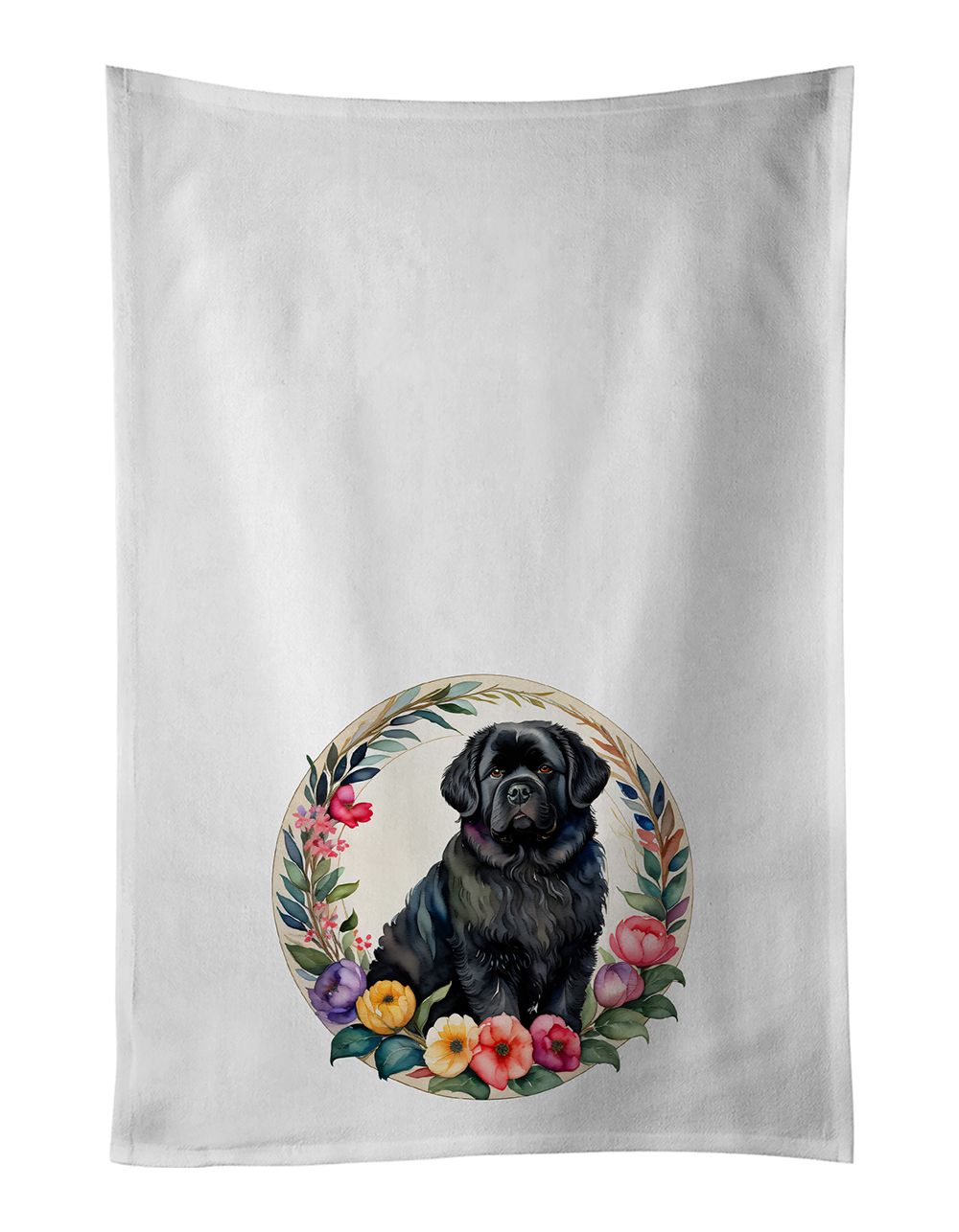 Newfoundland and Flowers Kitchen Towel Set of 2 White Dish Towels Decorative Bathroom Hand towel for Hand, Face, Hair, Yoga, Tea, Dishcloth, 19 X 28", White