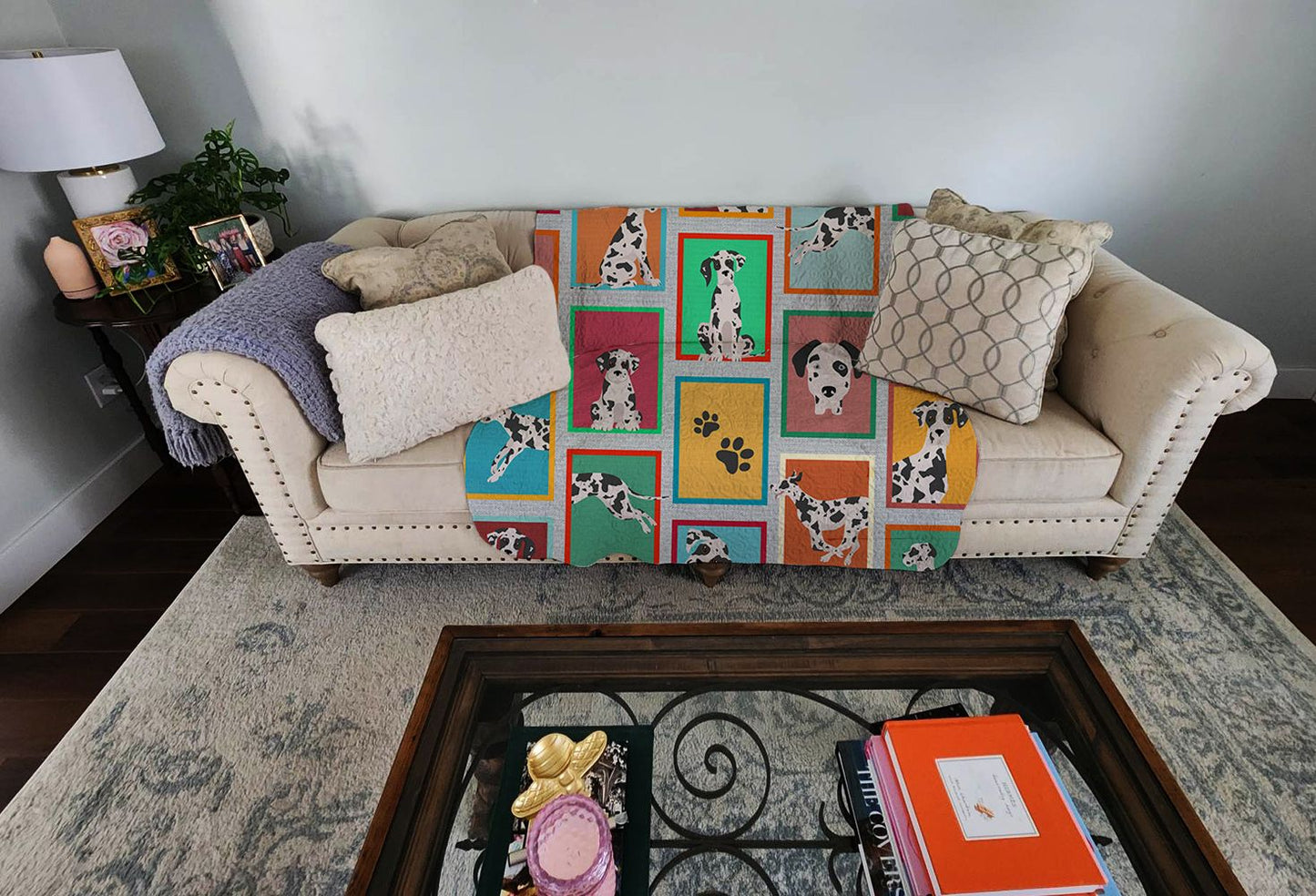 Lots of Harlequin Natural Ears Great Dane Quilted Blanket 50x60 Artwork Pattern Quilted Throw Blanket for Bed, Couch, Sofa, Soft and Lightweight