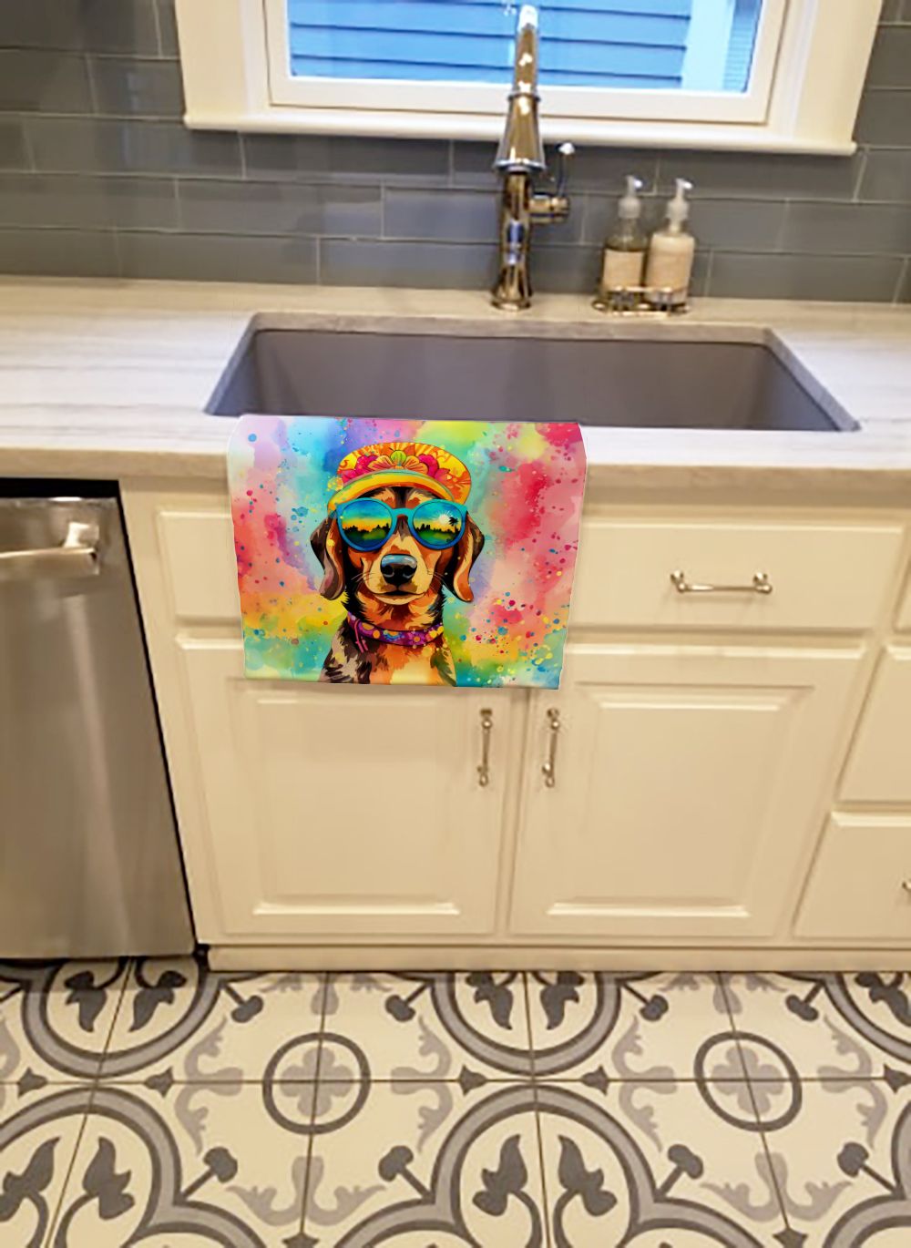 Dachshund Hippie Dawg Kitchen Towel Dish Cloths Guest Hand Towel Decorative Bathroom Towel for Face,Tea, Dishcloth, Kitchen and Bath