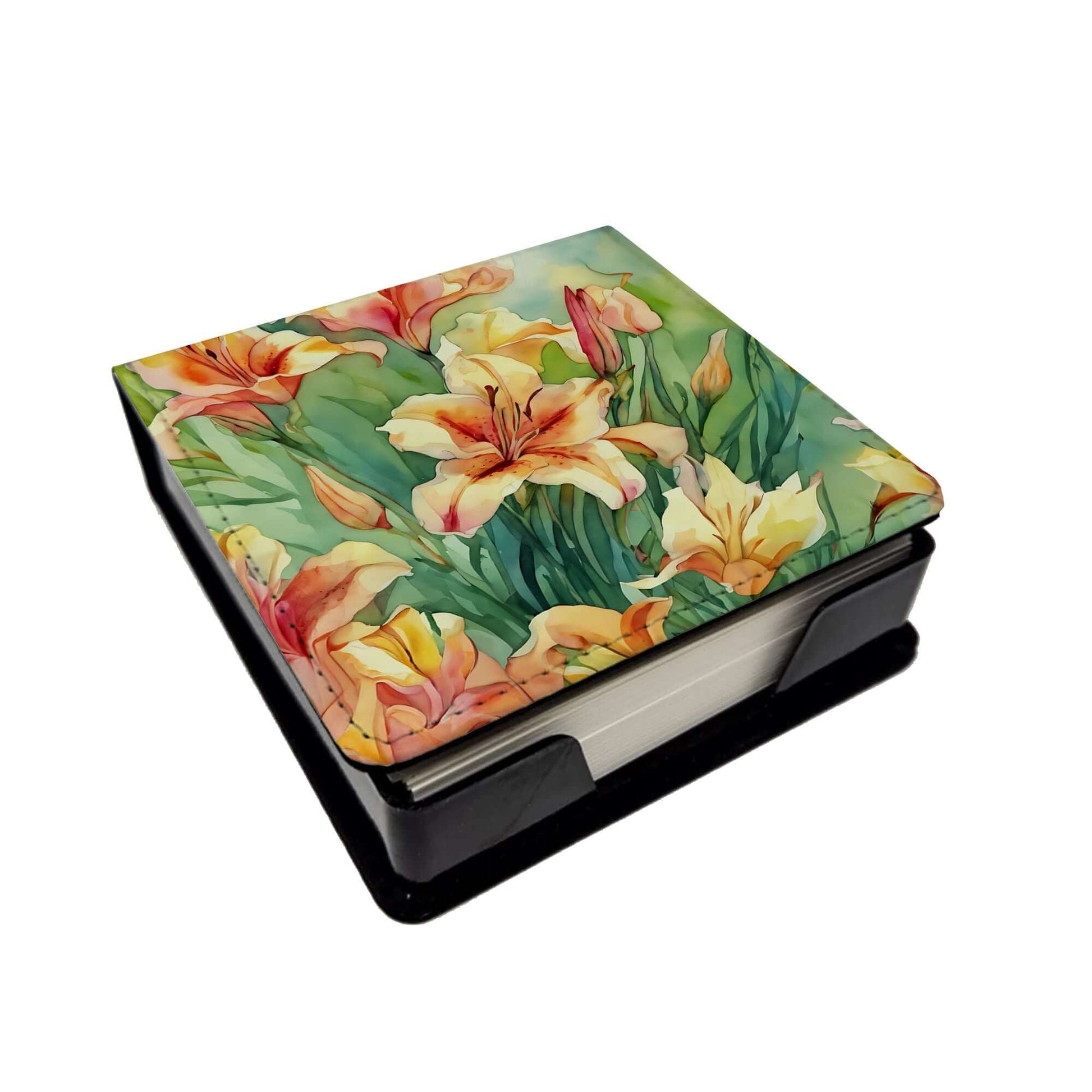 Utah Sego Lilies in Watercolor PU Leather Note Paper Holder with Artist-Designed Cover, Desk Accessory, Office Gift