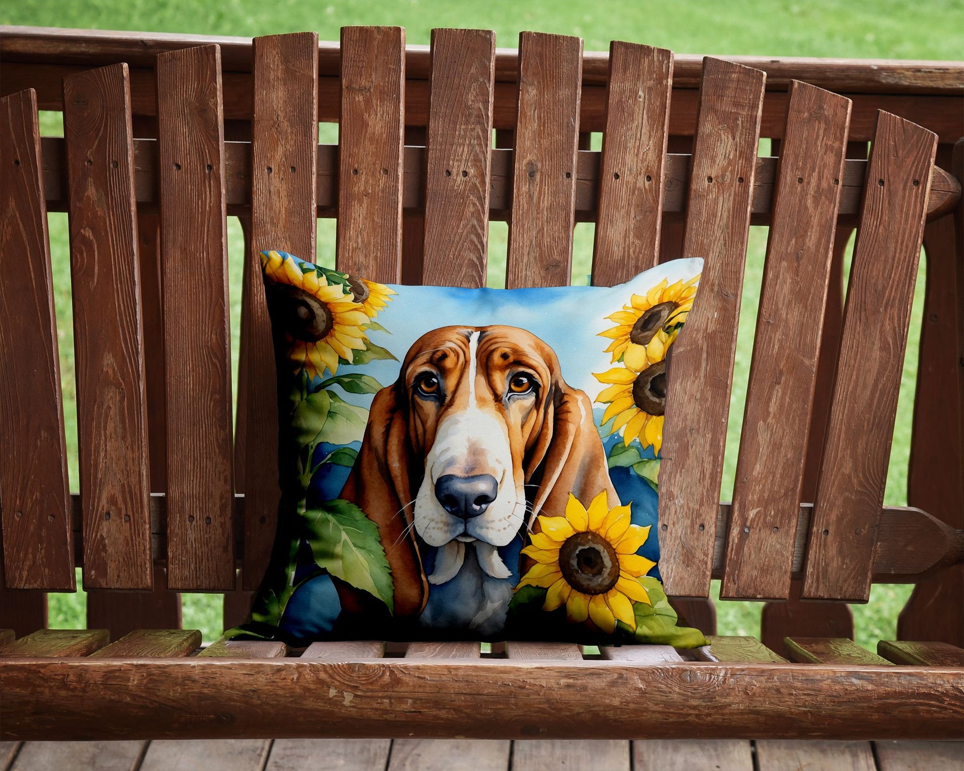 Basset Hound in Sunflowers Throw Pillow Machine Washable, Indoor Outdoor Decorative Pillow for Couch, Bed or Patio, 14Hx14W