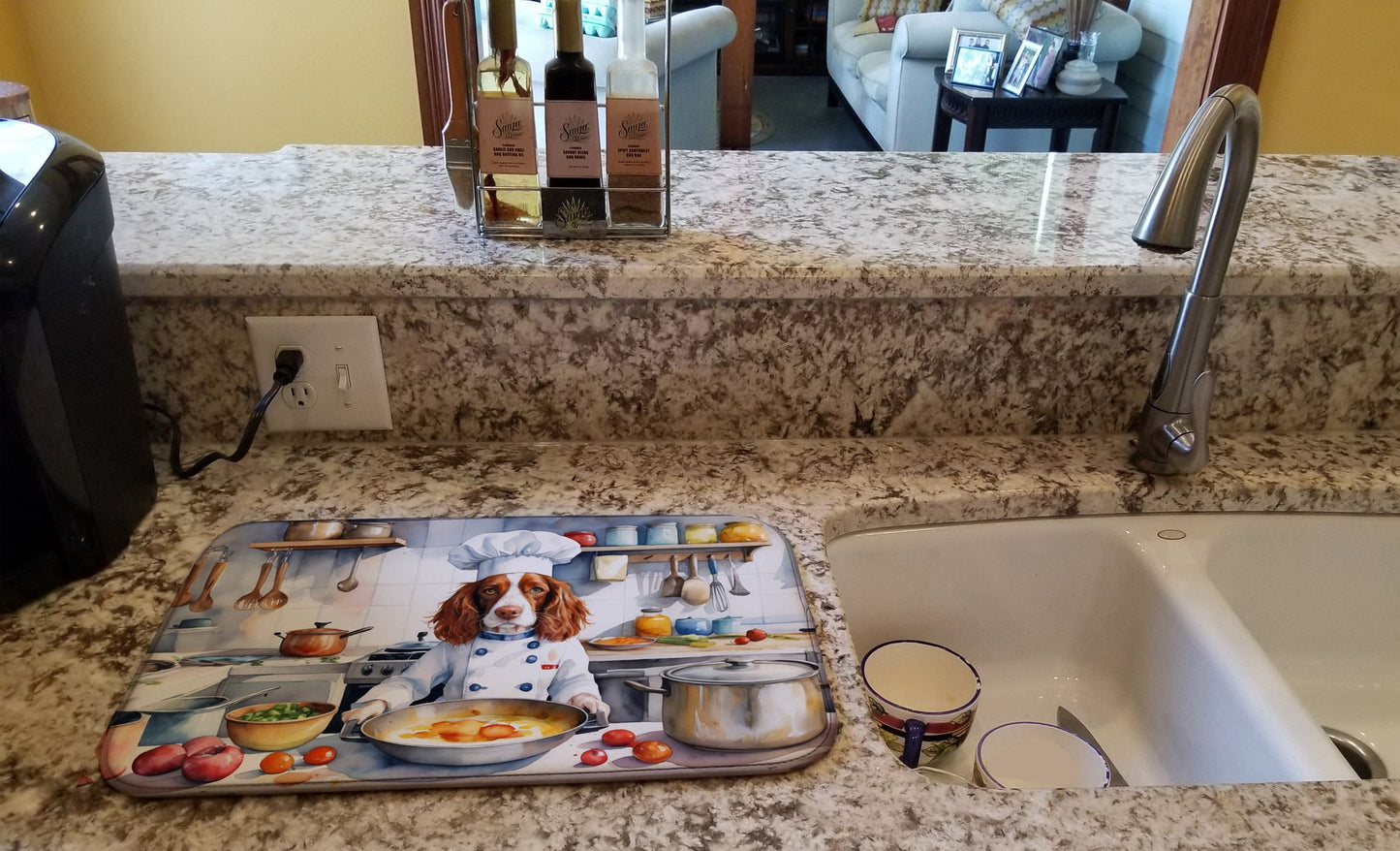 Welsh Springer Spaniel The Chef Dish Drying Mat Absorbent Dish Drying Mat Pad for Kitchen Counter Dish Drainer Mat for Countertop, 14 x 21", Multicolor