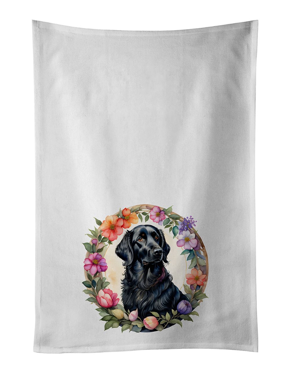 Flat-Coated Retriever and Flowers Kitchen Towel Set of 2 White Dish Towels Decorative Bathroom Hand towel for Hand, Face, Hair, Yoga, Tea, Dishcloth, 19 X 28", White